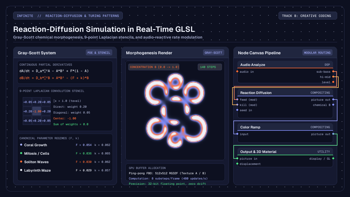 Reaction-diffusion simulation diagram showing chemical morphogenesis equations, 9-point Laplacian convolution stencil, and node graph