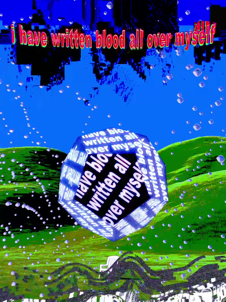 Infinite artwork 4: a dodecahedron of text above green hills