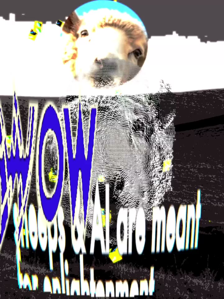 Infinite artwork 10: a dithered sheep under the words sheeps and AI are meant for enlightenment