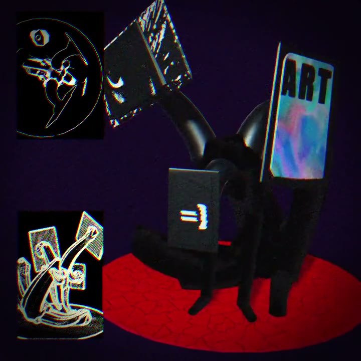 Infinite artwork 11: a dark sculpture holding glowing panels on a red tiled disc, with the word ART