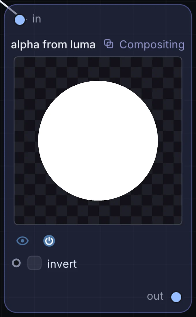 The Alpha From Luma node in Infinite, showing its inputs, controls and outputs.