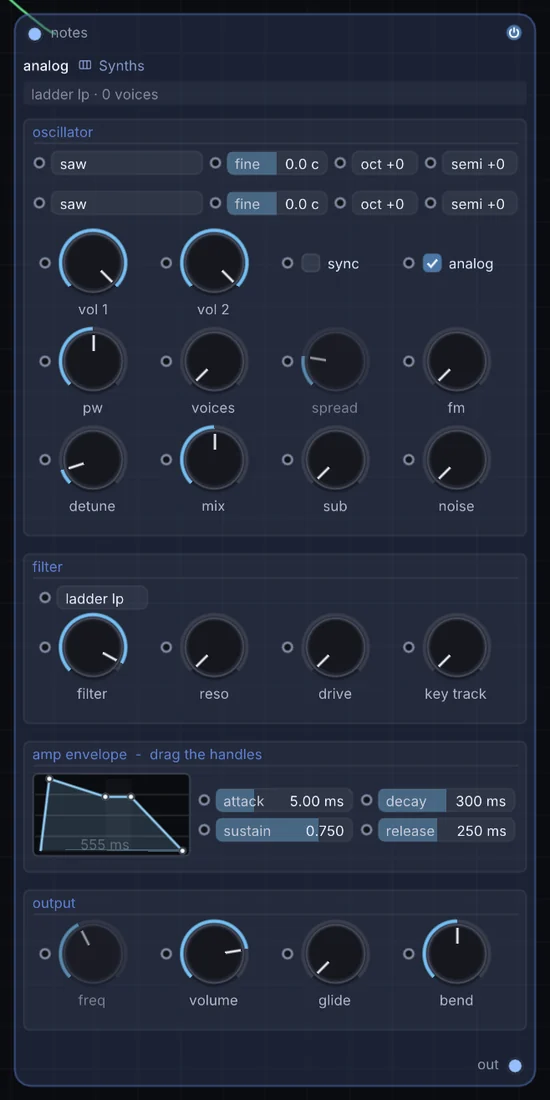 The Analog node in Infinite, showing its inputs, controls and outputs.