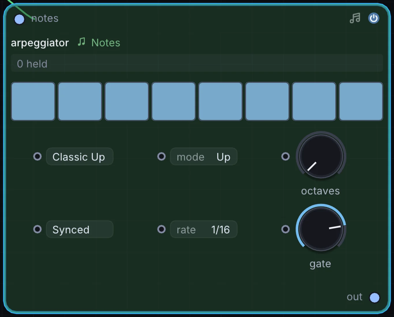 The Arpeggiator node in Infinite, showing its inputs, controls and outputs.