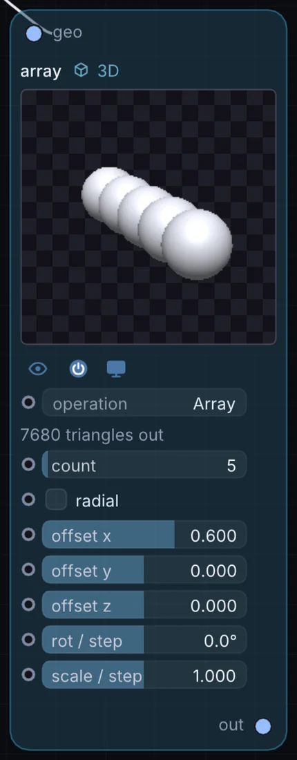 The Array node in Infinite, showing its inputs, controls and outputs.