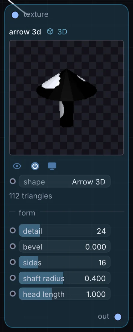 The Arrow 3D node in Infinite, showing its inputs, controls and outputs.