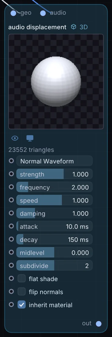 The Audio Displacement node in Infinite, showing its inputs, controls and outputs.