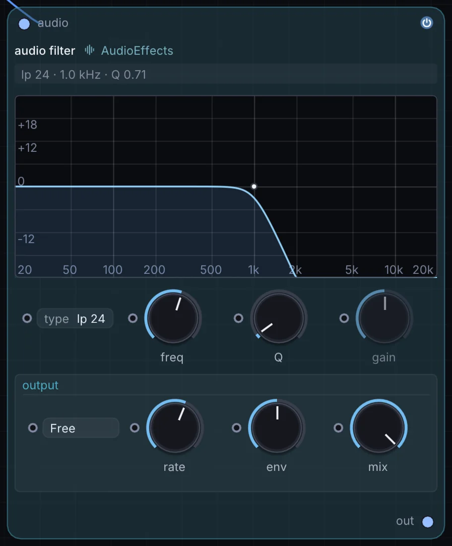 The Audio Filter node in Infinite, showing its inputs, controls and outputs.