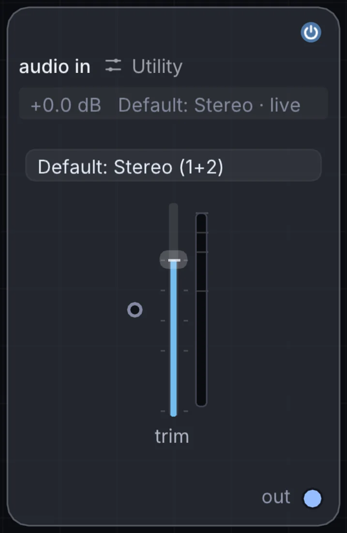 The Audio In node in Infinite, showing its controls and output.