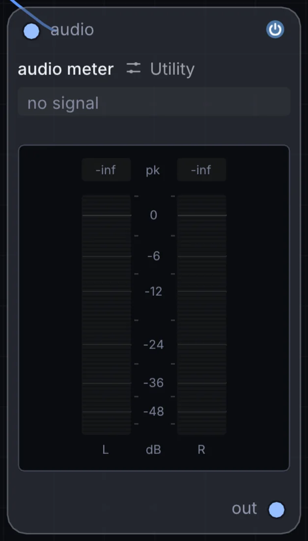 The Audio Meter node in Infinite, showing its inputs, controls and outputs.