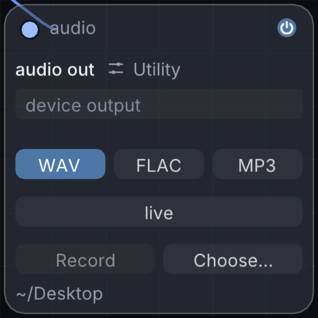 The Audio Out node in Infinite, showing its inputs, controls and outputs.