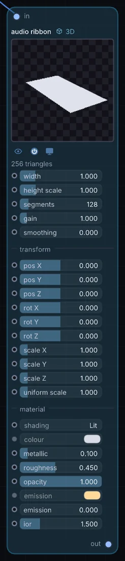 The Audio Ribbon node in Infinite, showing its inputs, controls and outputs.