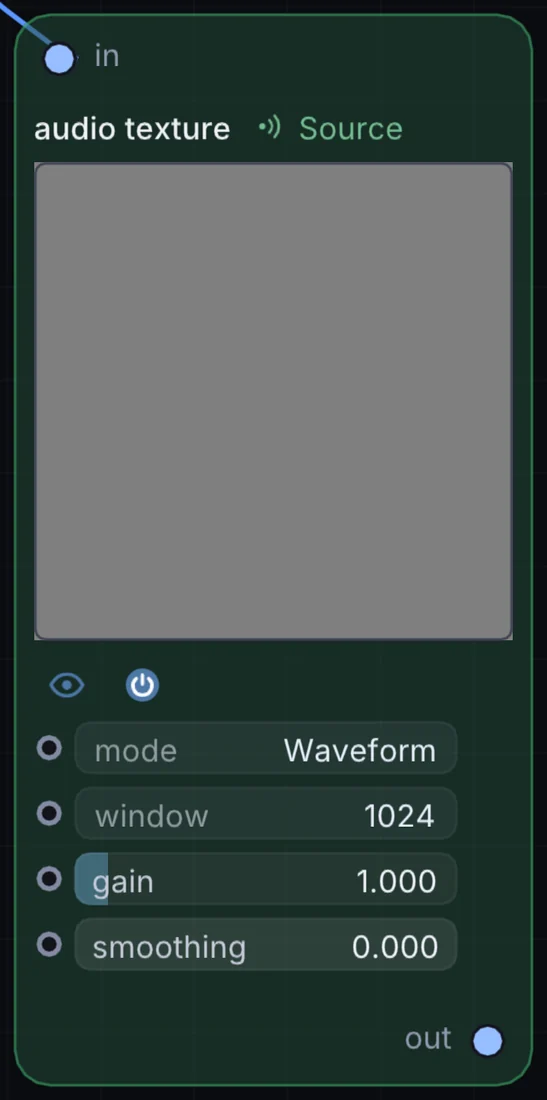 The Audio Texture node in Infinite, showing its inputs, controls and outputs.