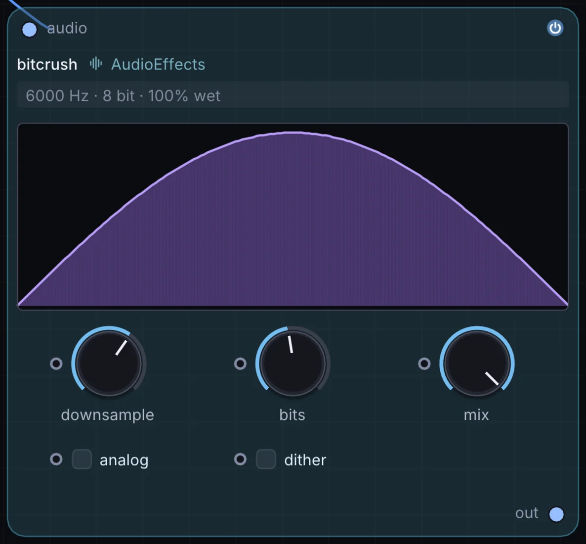 The Bitcrush node in Infinite, showing its inputs, controls and outputs.