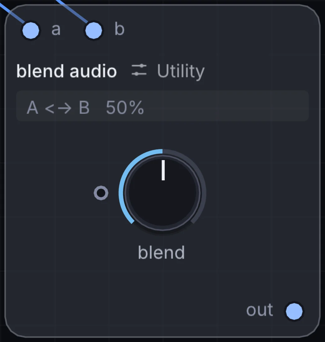The Blend Audio node in Infinite, showing its inputs, controls and outputs.