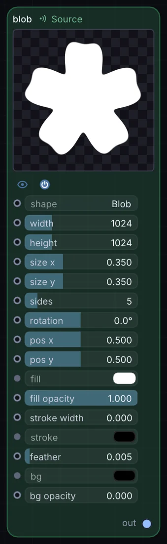The Blob node in Infinite, showing its controls and output.