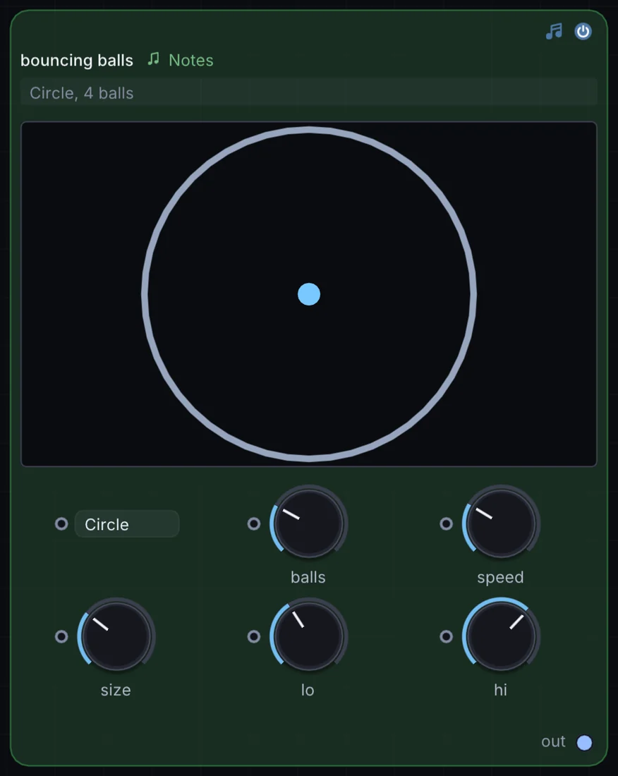 The Bouncing Balls node in Infinite, showing its controls and output.