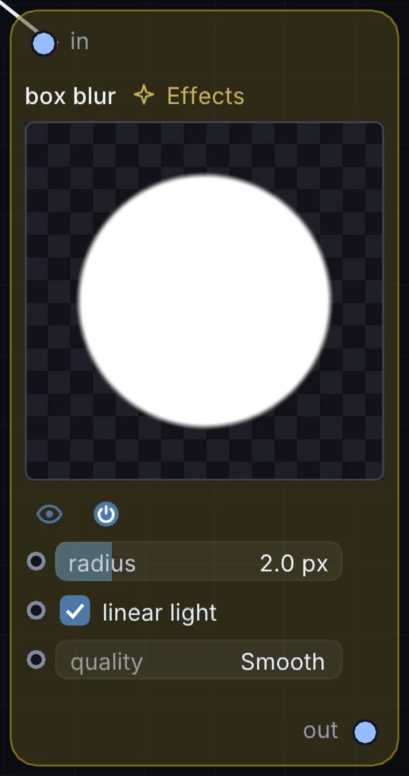 The Box Blur node in Infinite, showing its inputs, controls and outputs.