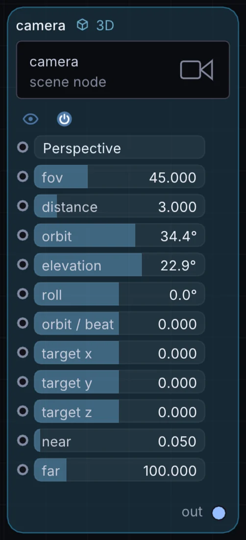 The Camera node in Infinite, showing its controls and output.