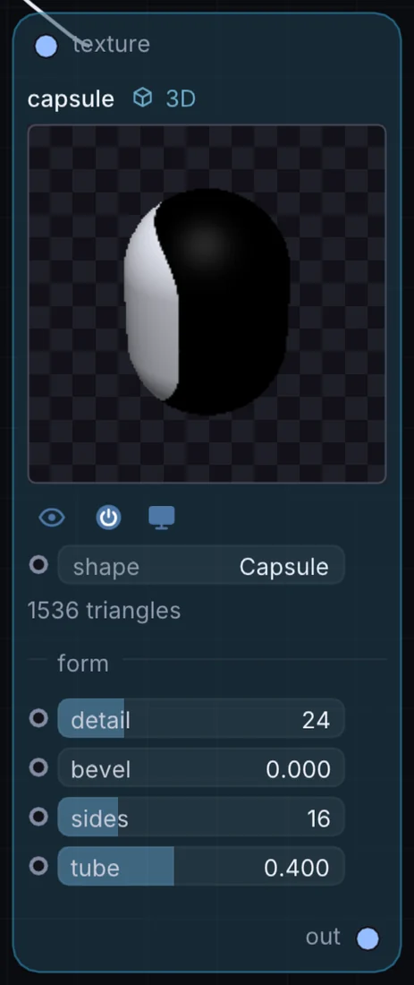 The Capsule node in Infinite, showing its inputs, controls and outputs.