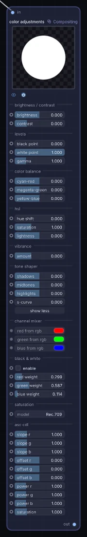 The Color Adjustments node in Infinite, showing its inputs, controls and outputs.