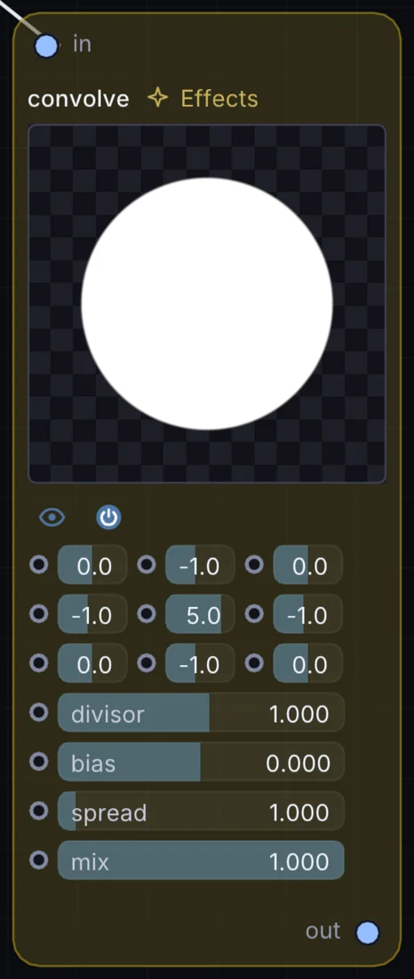 The Convolve node in Infinite, showing its inputs, controls and outputs.