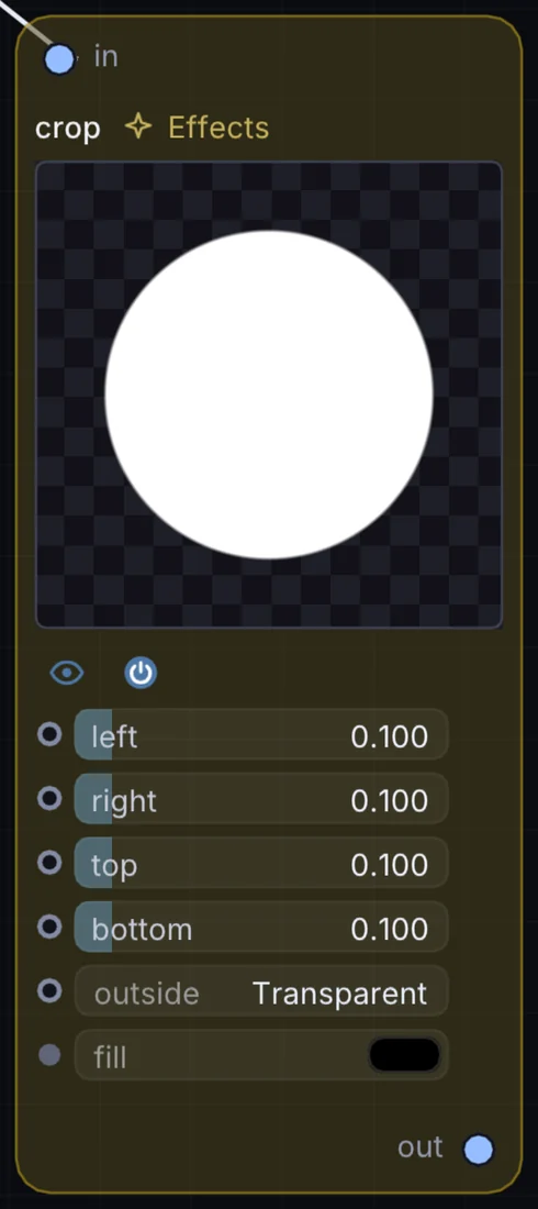 The Crop node in Infinite, showing its inputs, controls and outputs.