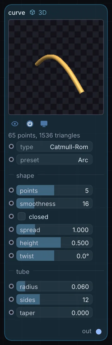 The Curve node in Infinite, showing its controls and output.
