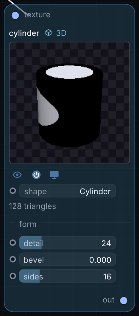 The Cylinder node in Infinite, showing its inputs, controls and outputs.