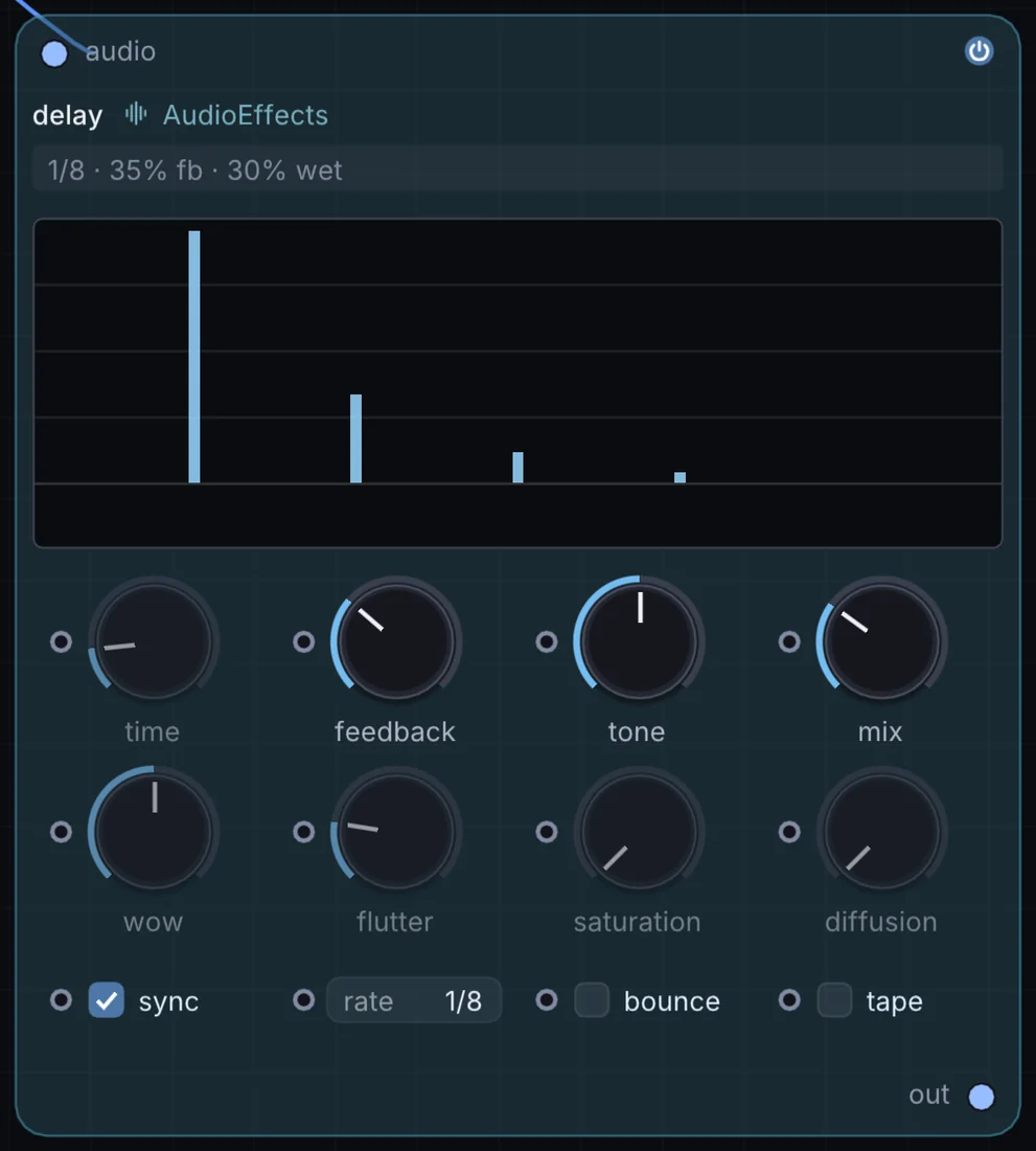 The Delay node in Infinite, showing its inputs, controls and outputs.