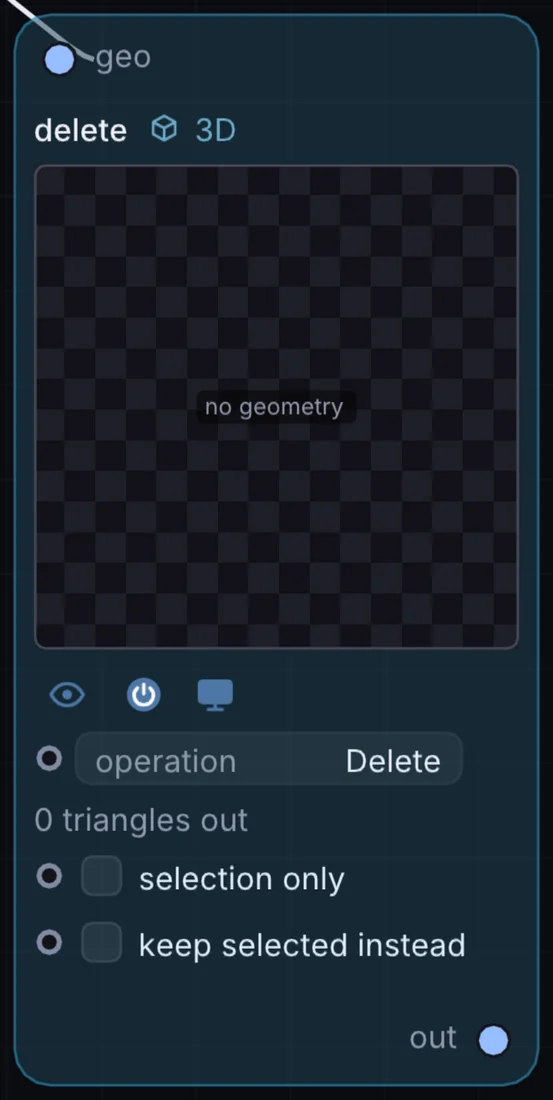 The Delete node in Infinite, showing its inputs, controls and outputs.