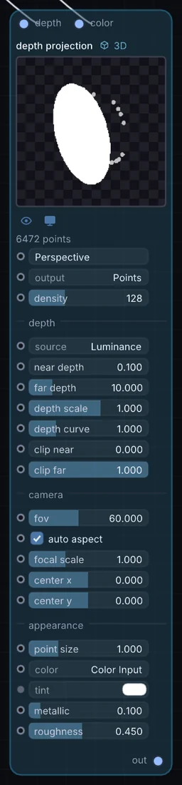 The Depth Projection node in Infinite, showing its inputs, controls and outputs.