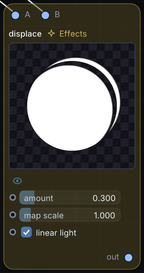 The Displace node in Infinite, showing its inputs, controls and outputs.