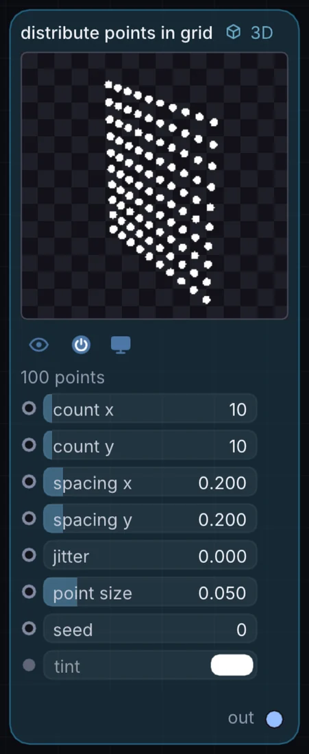 The Distribute Points in Grid node in Infinite, showing its controls and output.
