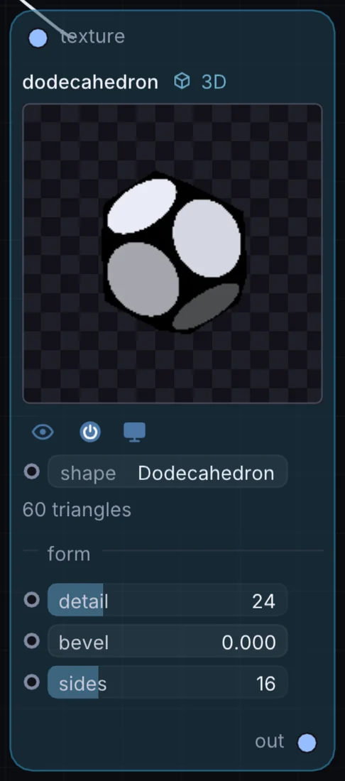 The Dodecahedron node in Infinite, showing its inputs, controls and outputs.