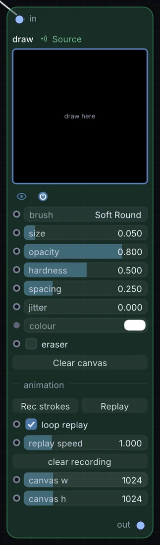 The Draw node in Infinite, showing its inputs, controls and outputs.