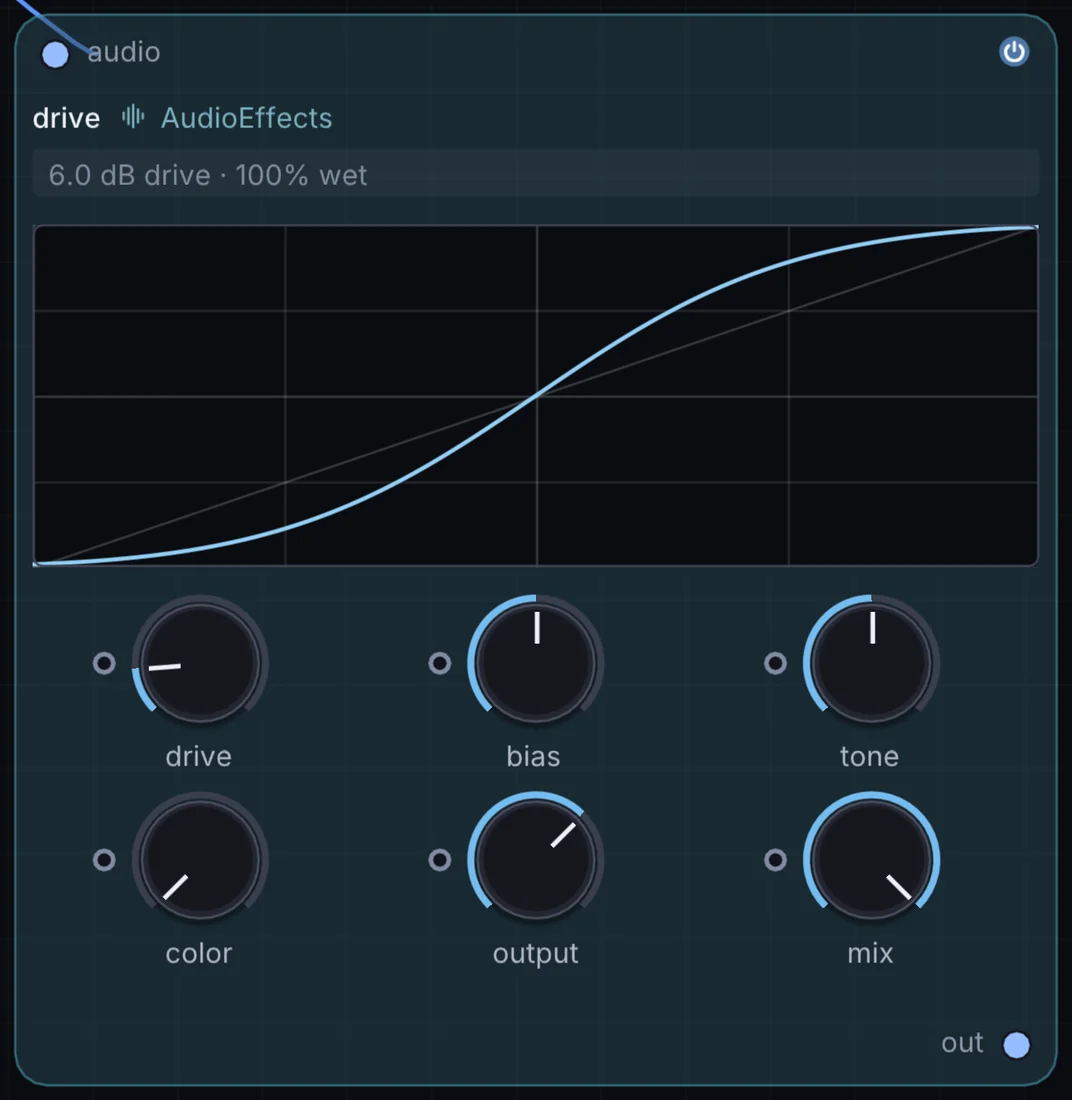 The Drive node in Infinite, showing its inputs, controls and outputs.