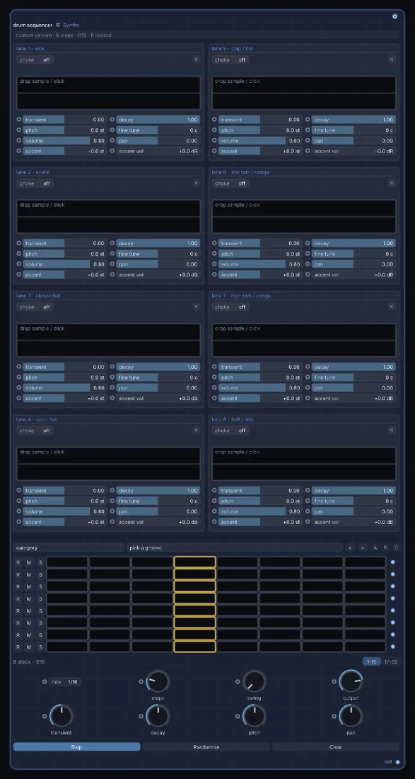 The Drum Sequencer node in Infinite, showing its controls and output.