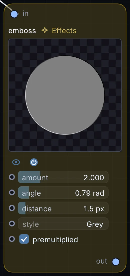 The Emboss node in Infinite, showing its inputs, controls and outputs.