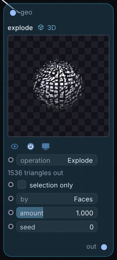 The Explode node in Infinite, showing its inputs, controls and outputs.