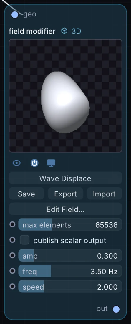 The Field Modifier node in Infinite, showing its inputs, controls and outputs.