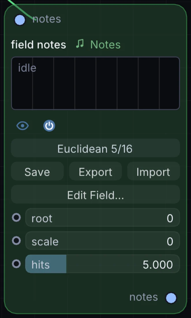 The Field Notes node in Infinite, showing its inputs, controls and outputs.
