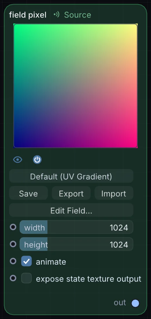 The Field Pixel node in Infinite, showing its controls and output.