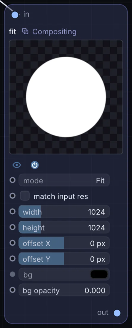 The Fit node in Infinite, showing its inputs, controls and outputs.
