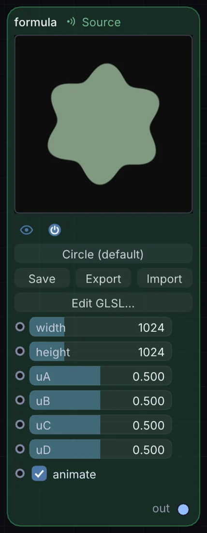 The Formula node in Infinite, showing its controls and output.
