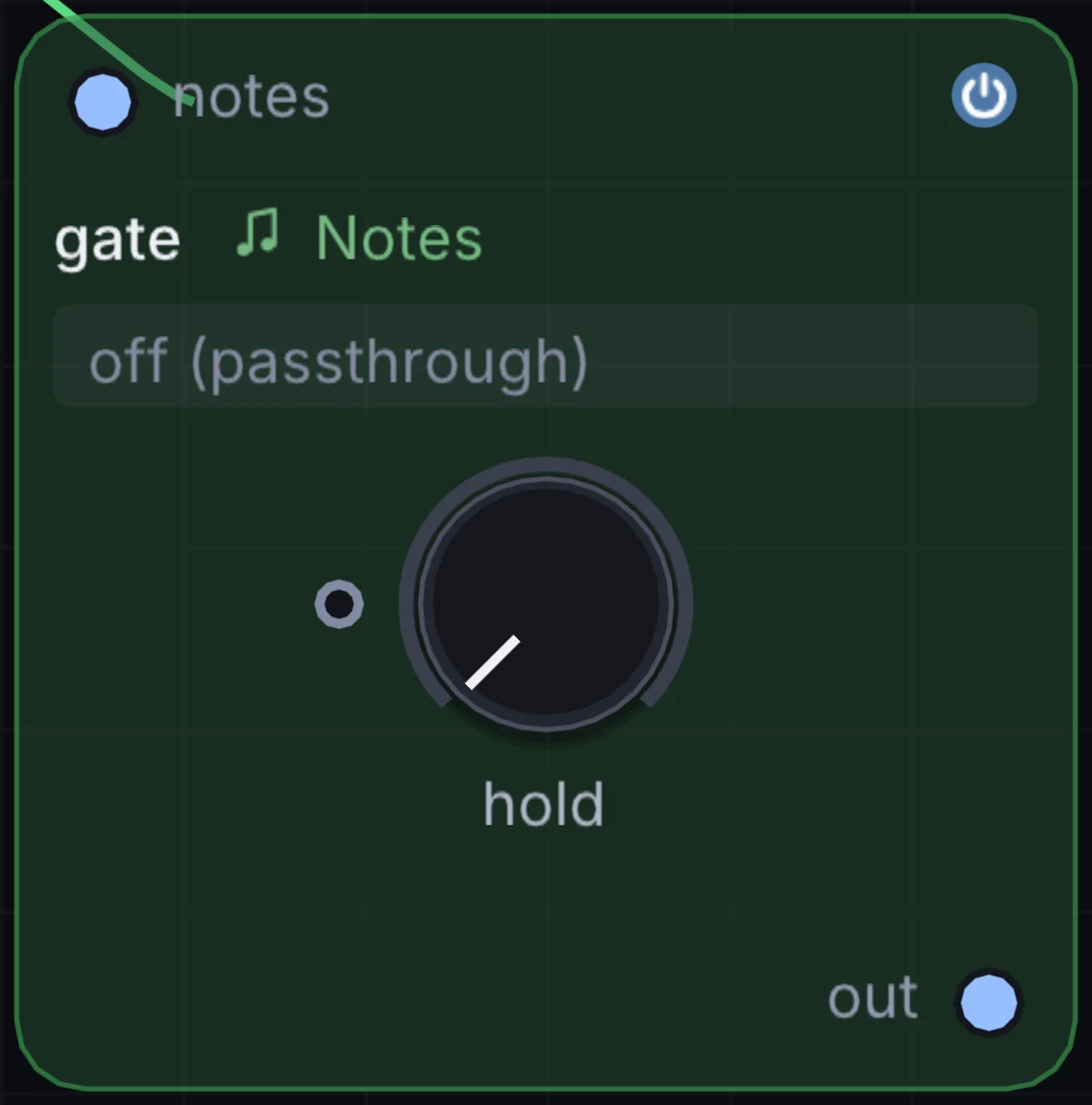The Gate node in Infinite, showing its inputs, controls and outputs.