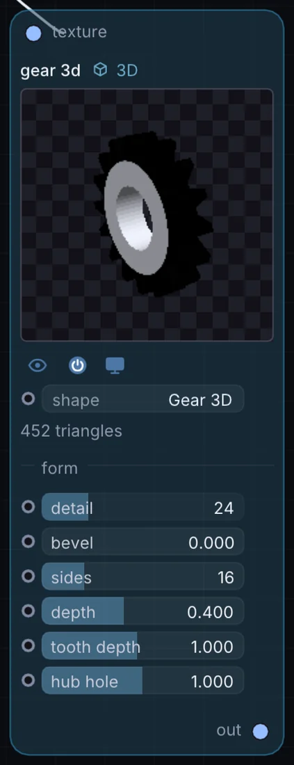 The Gear 3D node in Infinite, showing its inputs, controls and outputs.