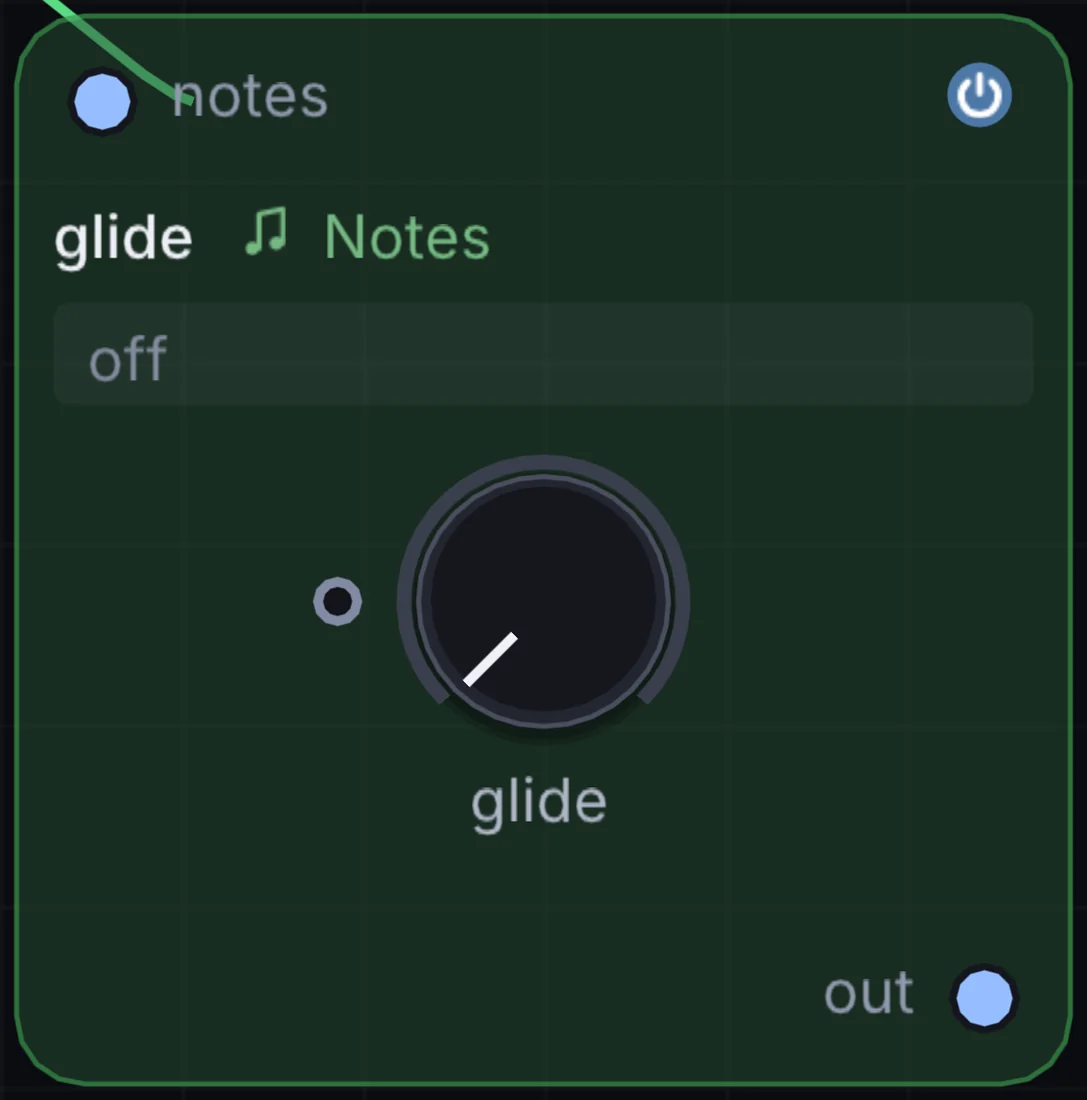 The Glide node in Infinite, showing its inputs, controls and outputs.