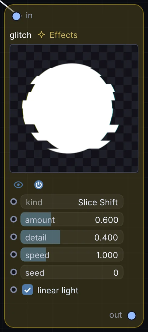 The Glitch node in Infinite, showing its inputs, controls and outputs.