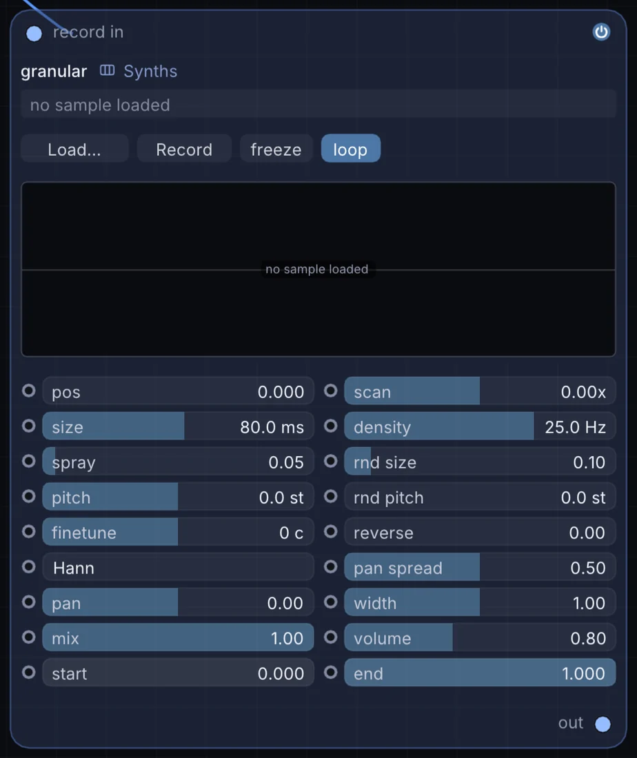 The Granular node in Infinite, showing its inputs, controls and outputs.