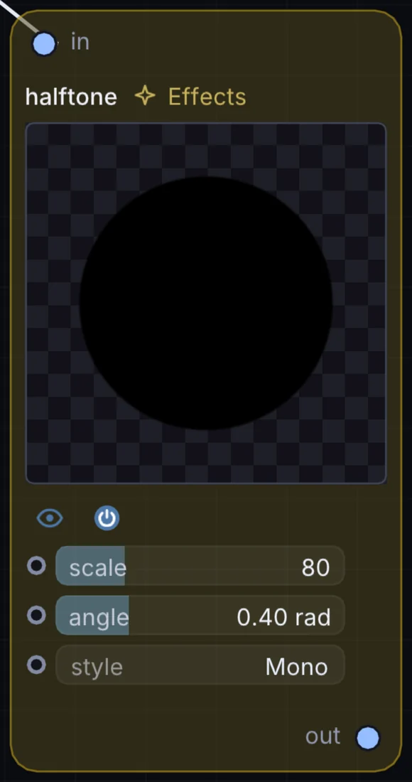 The Halftone node in Infinite, showing its inputs, controls and outputs.